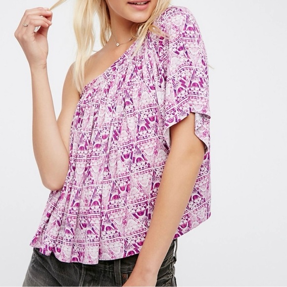 Free People Ocean Avenue Pink One Shoulder Top – Abstract Print – Size Small - Picture 1 of 4